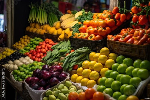Fruit market with various colorful fresh fruits and vegetables © Denis