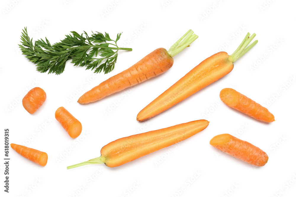 Fresh carrot and slices on white background Fresh carrot and slices on white background