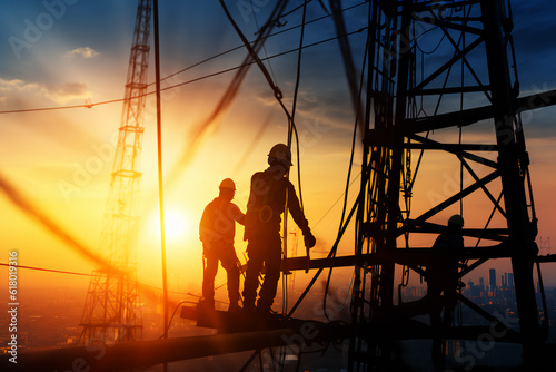 Silhouette workers construction the extension of high-voltage towers on blurred light