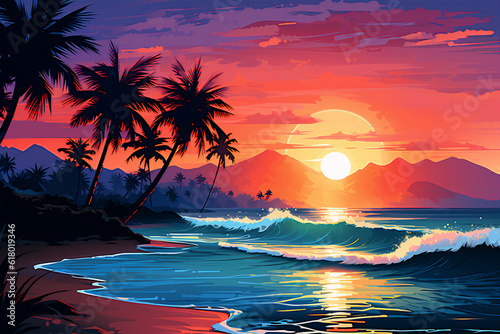 Beach with waves and palm trees at sunset