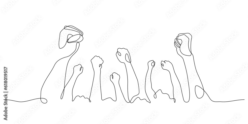 powerful fists of audiences hooray gesture continuous line drawing vector powerful fists of audiences hooray gesture continuous line drawing vector