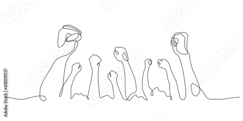 powerful fists of audiences hooray gesture continuous line drawing vector