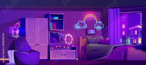 Night teen bedroom with neon light vector cartoon illustration. Girl bed in cyber studio with rainbow lamp, cupboard, armchair, mirror bulb and moonlight from window. Purple empty house design scene