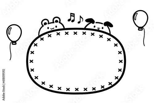 クマとイヌのかわいいフレーム（モノクロ）