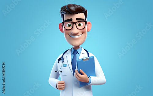 3d render, cartoon character smart trustworthy doctor wears glasses and holds blue clipboard. Professional caucasian male specialist. Medical clip art isolated on blue background. Hospital assistant