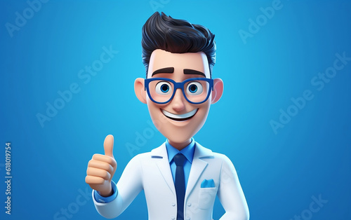 3d render, cartoon character smart trustworthy doctor wears glasses and holds blue clipboard. Professional caucasian male specialist. Medical clip art isolated on blue background. Hospital assistant