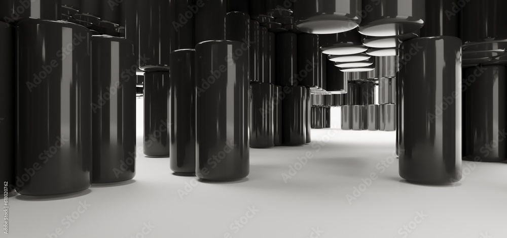 Luxury parametric abstract architectural minimalistic background. Contemporary showroom. Modern black exhibition tunnel. Empty gallery. Stand, table. Interior backlight. 3D illustration and rendering.