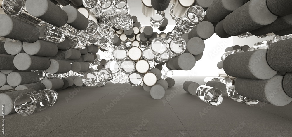 Abstract architectural minimalistic background. Contemporary showroom. Modern concrete exhibition tunnel. Empty gallery. Backlight. 3D illustration and rendering.