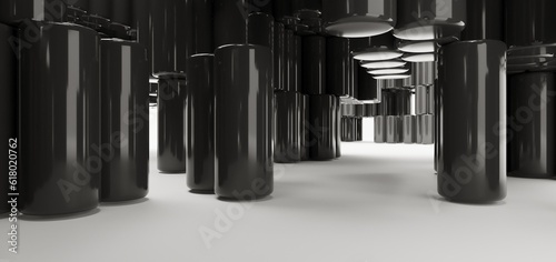 Obraz na płótnie Luxury parametric abstract architectural minimalistic background. Contemporary showroom. Modern black exhibition tunnel. Empty gallery. Stand, table. Interior backlight. 3D illustration and rendering. w salonie