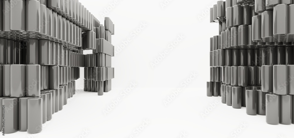 Luxury parametric abstract architectural minimalistic background. Contemporary showroom. Modern black exhibition tunnel. Empty gallery. Stand, table. Interior backlight. 3D illustration and rendering.
