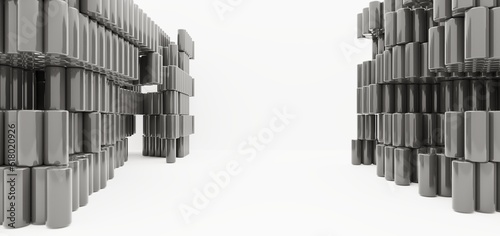 Obraz na płótnie Luxury parametric abstract architectural minimalistic background. Contemporary showroom. Modern black exhibition tunnel. Empty gallery. Stand, table. Interior backlight. 3D illustration and rendering. w salonie