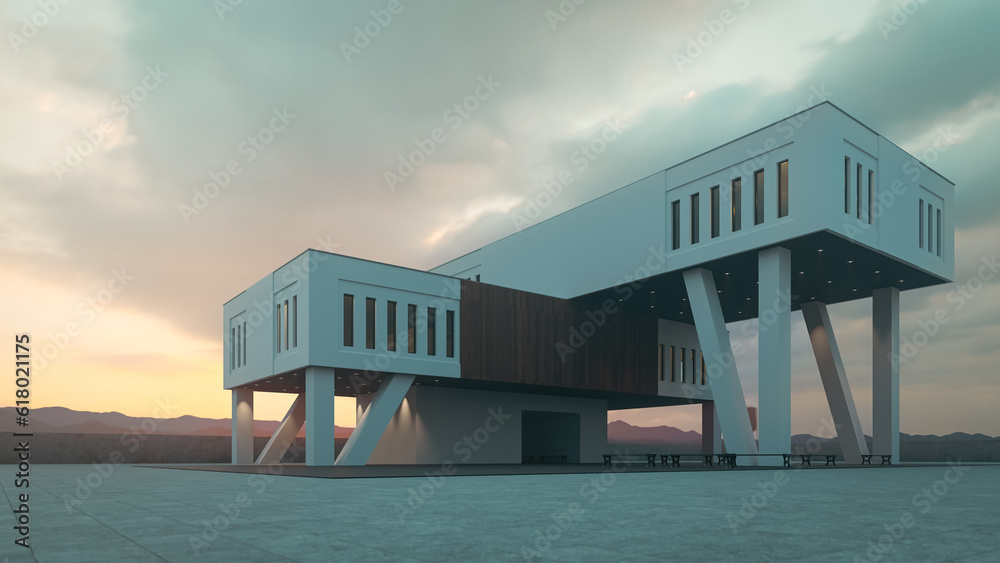 Perspective view of a modern two-story building at sunset, 3d rendering