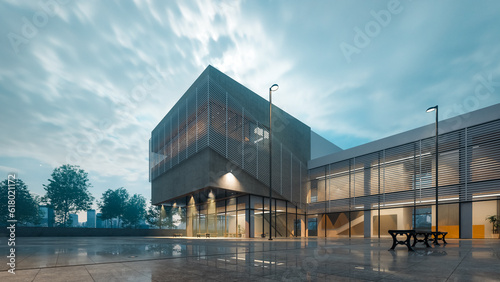 Night view of a modern two-story building on a cloudy day after rain, 3d rendering