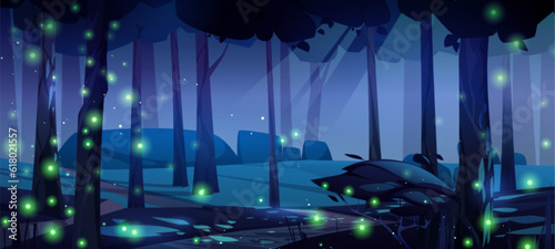 Night forest background with green fireflies glowing in darkness. Vector cartoon illustration of dark landscape with footpath running between old trees, bushes and grass, magic lights sparkling in air