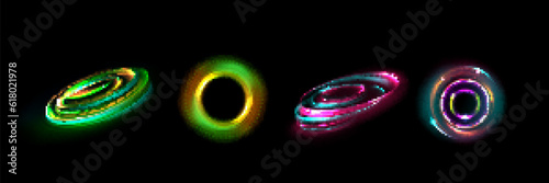 Neon optical halo flares with light glow vector effect. Circle energy flare glow abstract frame with 3d shine. Digital fantasy portal swirl shape illustration. Beautiful pink sphere twist element