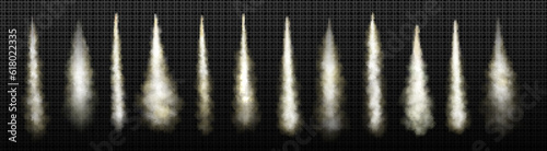 Rocket launch smoke trail vector. Isolated realistic jet takeoff explosion speed effect. White spacecraft spray set with steam track in air. Airplane start engine burst take off, aviation show
