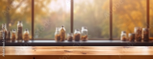 Product Showcase. Blurred Background with an Empty Wooden Counter and Copy Space