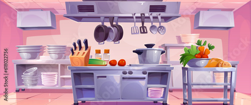 Restaurant kitchen interior for chef cook cartoon vector illustration. Commercial hotel industry modern furniture for food preparation and serving. Modern clean catering equipment in cafeteria