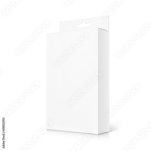 Folding cardboard box with euro slot hanger mockup. Vector illustration isolated on white background. Can be use for electronic, cosmetic, food, pharmacy and etc. Ready for your design. EPS10.	