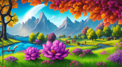 landscape with flowers and mountains