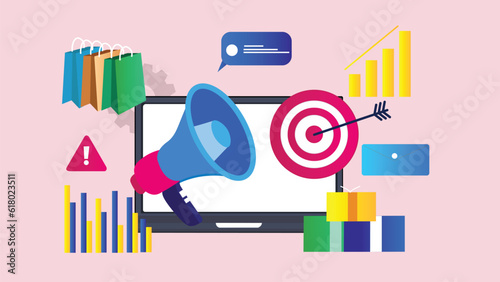 Affiliate Marketing for Business Illustration with Set of Icons of Speaker, Bulls Eye, Bar Graph, Gifts and Shopping Bags