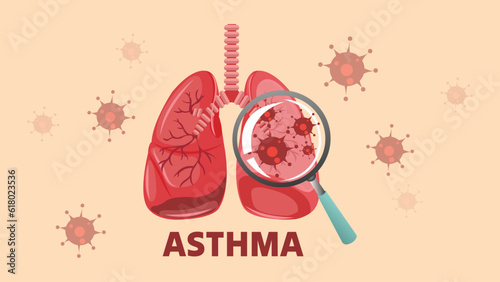 Asthma Patient Infected Lungs Analysis Using Magnifying Lens Illustration with Set of Icons of Viruses and Bacteria