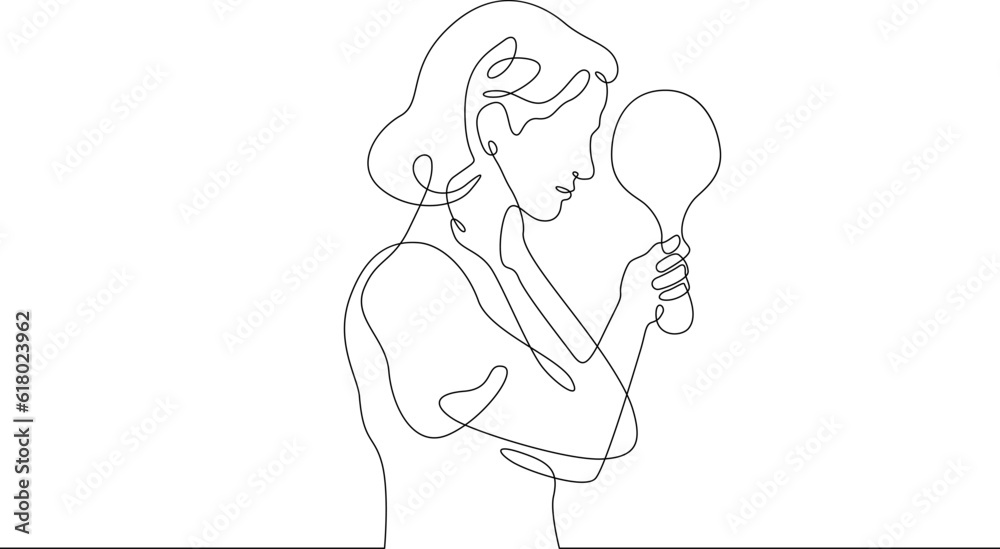 The woman looks in the mirror. Girl with a mirror in her hand. Make up in front of the mirror.One continuous line. Linear.One continuous line drawn isolated, white background.