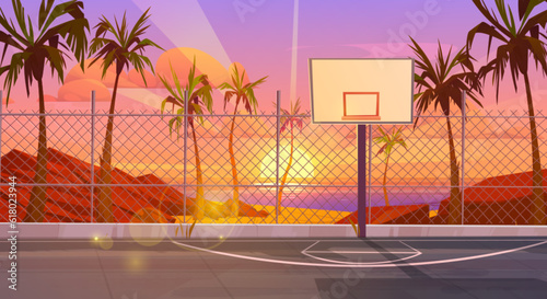 Sunrise on street basketball court near sea beach vector background. School playground stadium with fence in the morning on ocean shore. Empty tropic sport arena with palm tree and sunshine ray