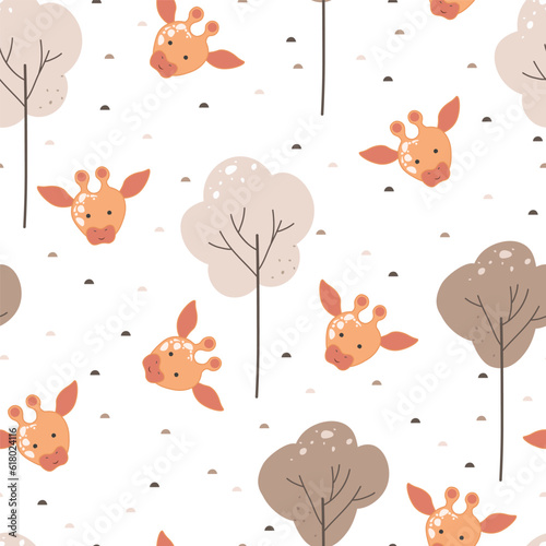 vector seamless pattern with cute giraffe head and tree on white background