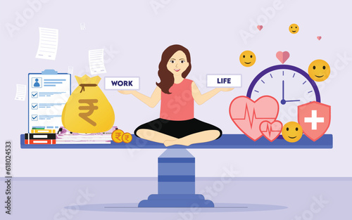 Female Maintaining Work-Life Balance Conceptual illustration with Icons of Money Bag, Heart, Clock, Emoji, books, Indian Rupees