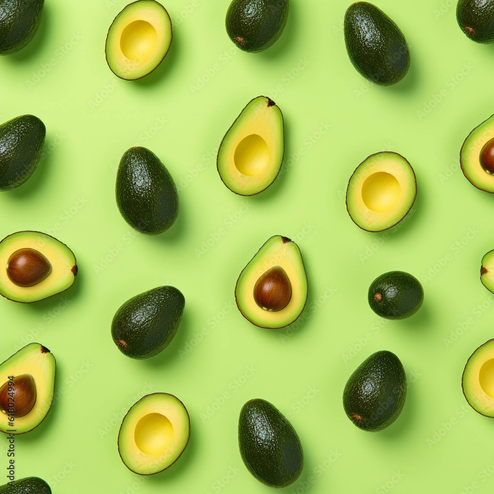 Top View of an avocado pattern. Generative AI. Top View of an avocado pattern. Generative AI.