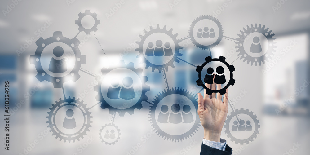 Teamwork concept and choosing gesture of businessperson in elegant modern interior