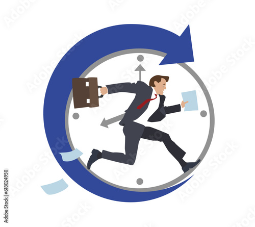Male vector character is late for work. Man in office suit is running. Employee did not submit documents on time. Lack of time and productivity performance