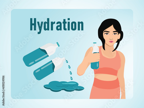 Hydration Concept Illustration with Collection of Water Bottles and Woman Holding Water Bottle in Hand