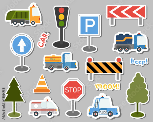 A set of car stickers and road signs. Vector illustration