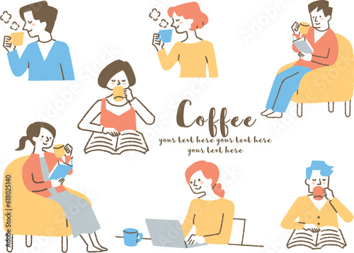 コーヒーを飲む人たちのセット_色
