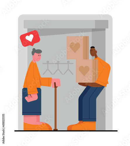 Young volunteer helps elderly woman. Male character holding boxes with charity aid. Caring for seniors. Support for single pensioners. Thanks for help