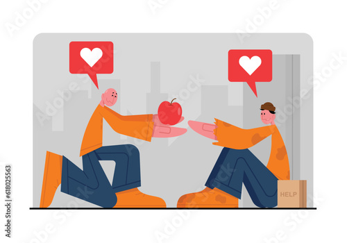 Healthy food for needy. Volunteers distribute fruit to homeless. Charitable activities to support poor people. Male character helps others. Humanitarian aid organization
