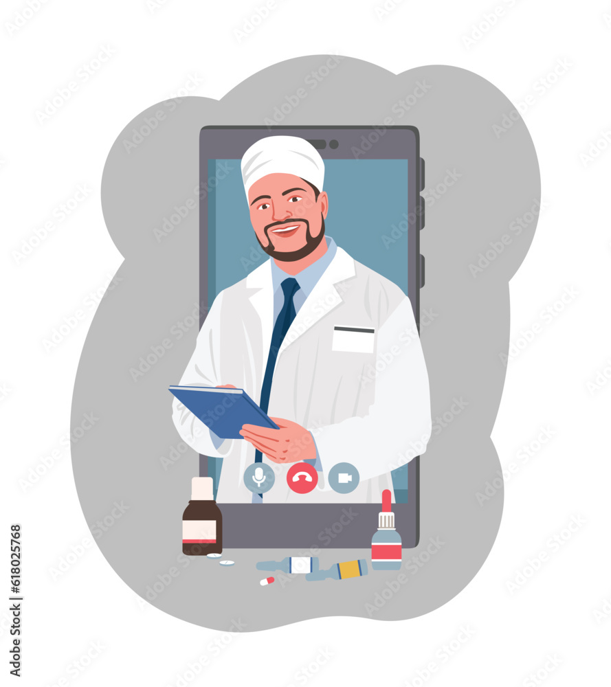 Doctor listens to patient complaints online. Male character announces test results to patient during video call. Patient support remotely. Internet treatment and checkup