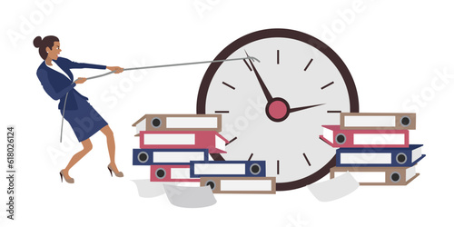 Female character tries to stop clock. Constant deadlines. Worker does not have time to complete task. Problems with time management. Color vector illustration in flat style
