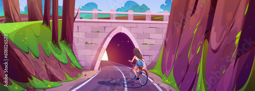 Girl ride bicycle on tunnel entrance road cartoon. Mountain freeway speed traffic illustration. Female character cycle on underground route pathway perspective view. Brick bridge on hill with arch