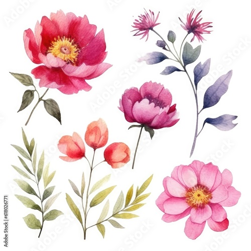 Watercolor flowers. Set Watercolor of multicolored colorful soft flowers. Flowers are isolated on a white background. Flowers pastel colors. generative ai © Nikolai