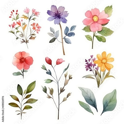 Watercolor flowers. Set Watercolor of multicolored colorful soft flowers. Flowers are isolated on a white background. Flowers pastel colors. generative ai