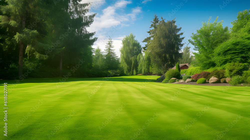 Beautiful wide format image of a manicured country lawn surrounded by trees and shrubs on a bright summer day. Spring summer nature. Beautiful wide format image of a manicured country lawn surrounded by trees and shrubs on a bright summer day. Spring summer nature.