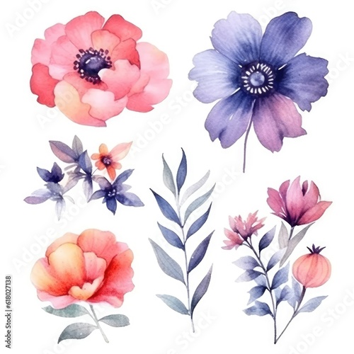 Watercolor flowers. Set Watercolor of multicolored colorful soft flowers. Flowers are isolated on a white background. Flowers pastel colors. generative ai