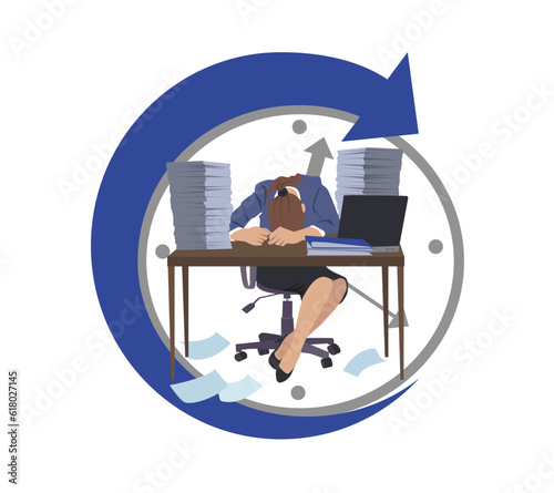 Female character is sleeping on desktop. Too much work. Incorrect time management. Overtime work. Desk with stacks of folders. Woman feeling stressed and pressured by meeting with deadlines