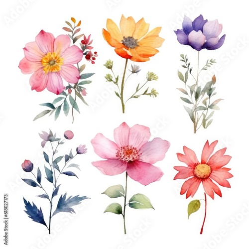 Watercolor flowers. Set Watercolor of multicolored colorful soft flowers. Flowers are isolated on a white background. Flowers pastel colors. generative ai