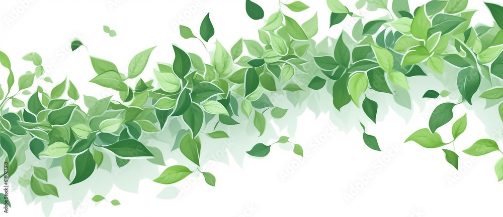 Digital Drawing and Painting of Delicate green leaves elegantly scattered among a pristine white background, evoking a sense of serenity and natural beauty. generative AI.