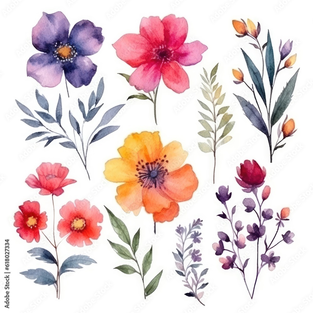 Watercolor flowers. Set Watercolor of multicolored colorful soft flowers. Flowers are isolated on a white background. Flowers pastel colors. generative ai