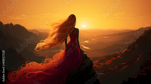 Beautiful woman with extremly long hair standing on mountain top, GEnerative illustration